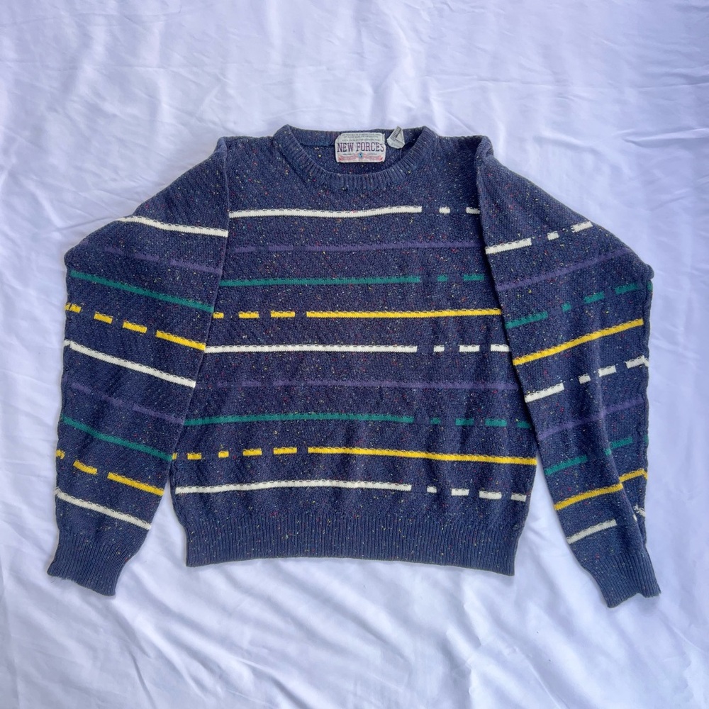 Vintage Unisex New Forces Navy Blue Striped Sweater Colorful Knit Medium